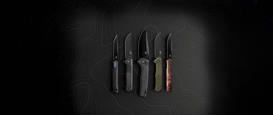 Five TEKTO folding knives with different blade designs on a textured dark background