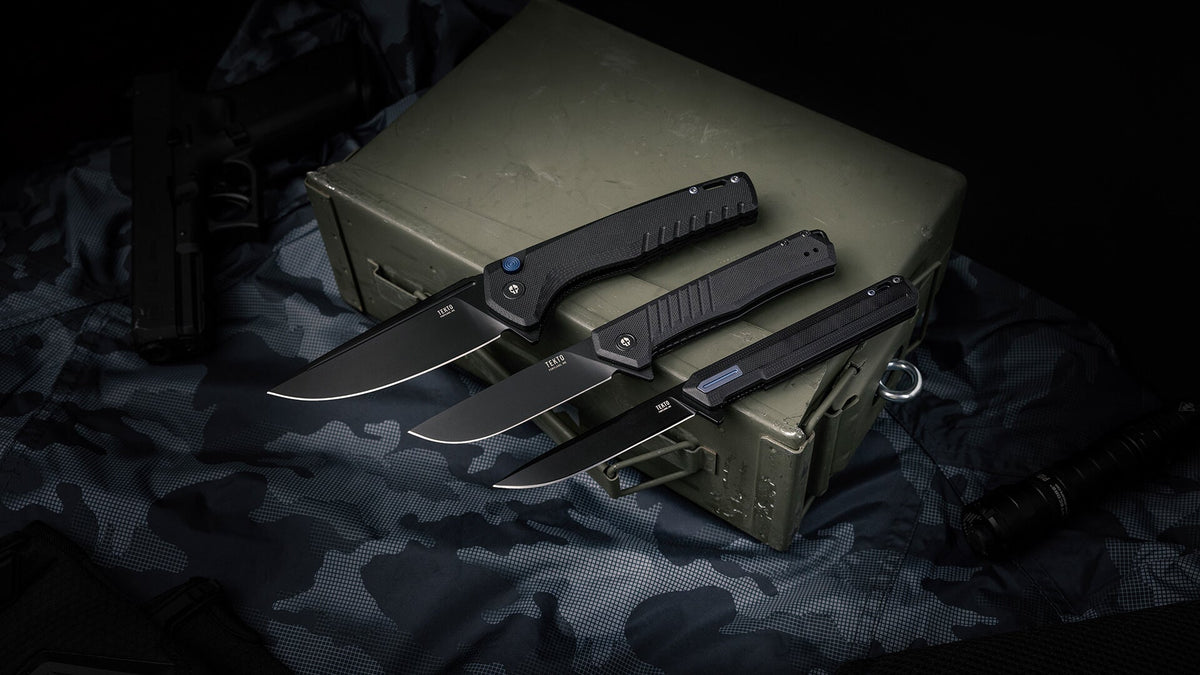 Black G10 Folding Knives with G10 handles and black titanium-coated D2 Blades - Tekto Knives
