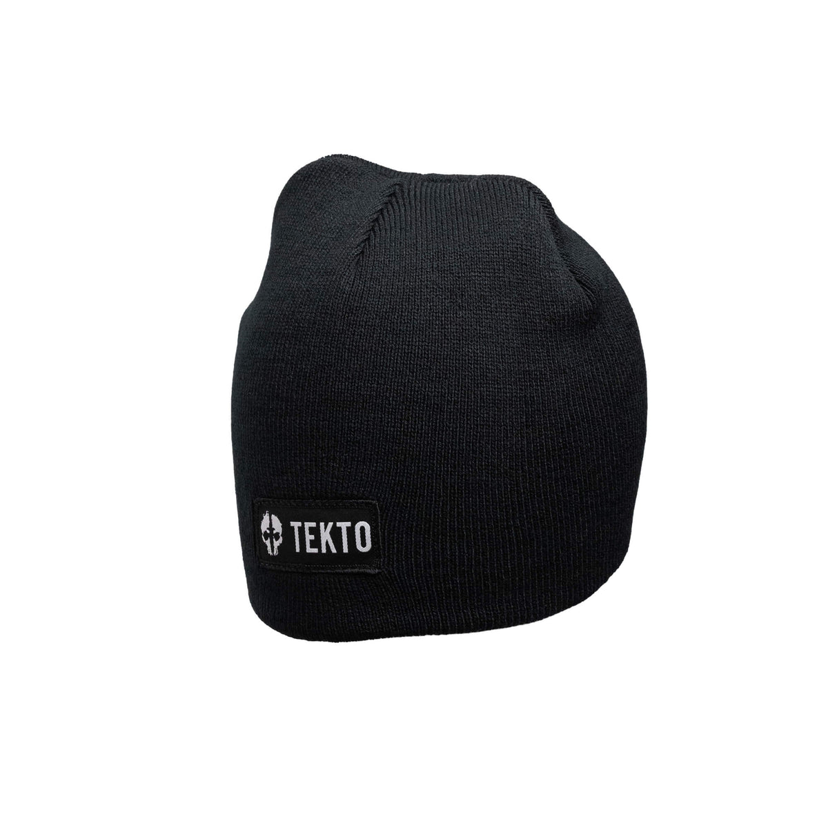 tekto black beanie with embroidered tekto patch angled view