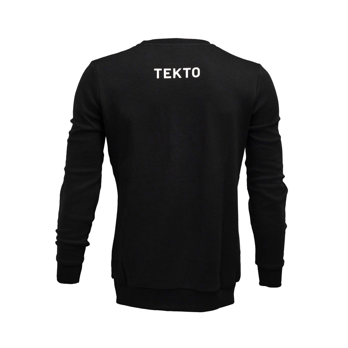 back view of black tekto® crew sweatshirt featuring bold tekto® branding below the collar.