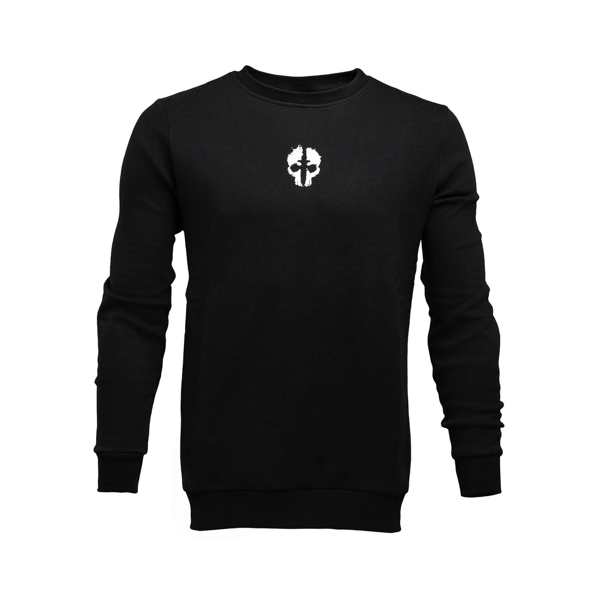 Black--Small,,Front view of black TEKTO® Crew Sweatshirt with white skull logo on the chest.
