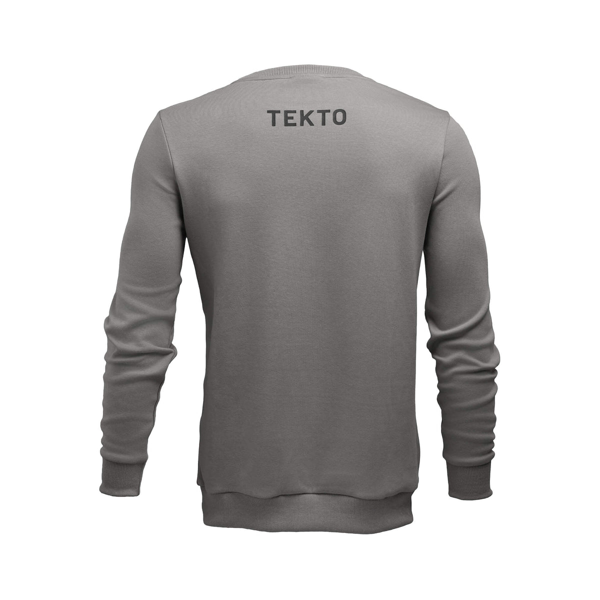 back view of gray tekto® crew sweatshirt featuring bold tekto® branding below the collar.