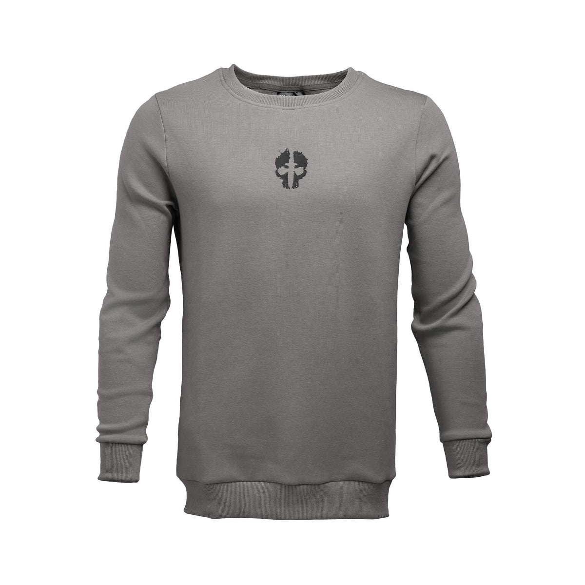 front view of gray tekto® crew sweatshirt with black skull logo on the chest.