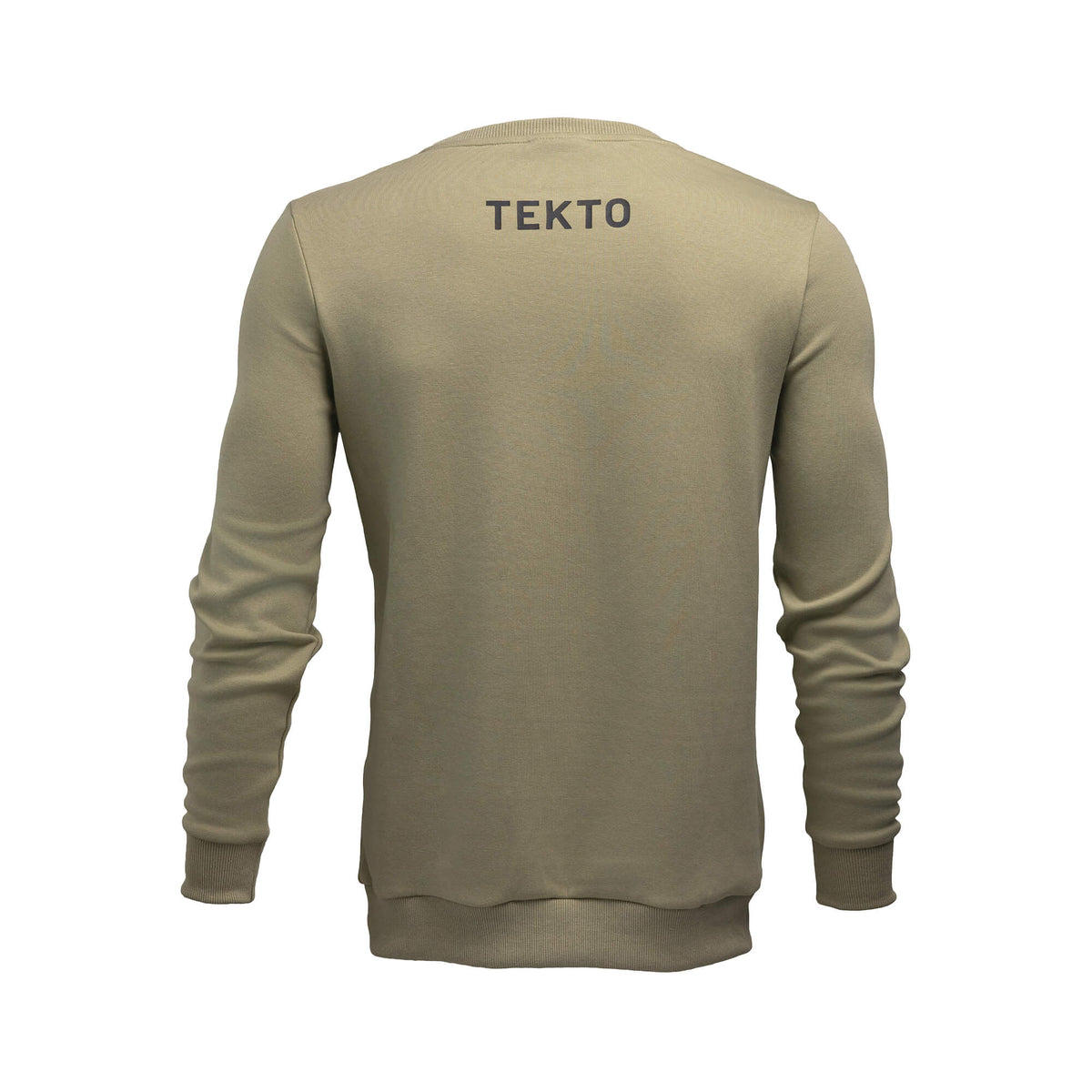 back view of od green tekto® crew sweatshirt featuring bold tekto® branding below the collar.