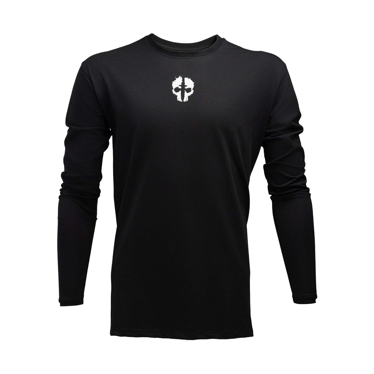 front view of black tekto® long sleeve shirt with white skull logo on the chest.