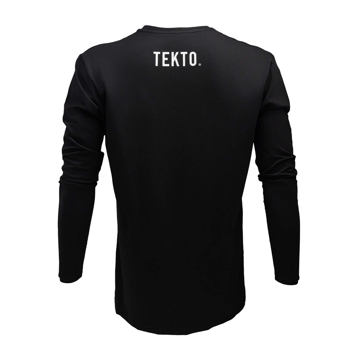 back view of black tekto® long sleeve shirt featuring bold tekto® branding below the collar.