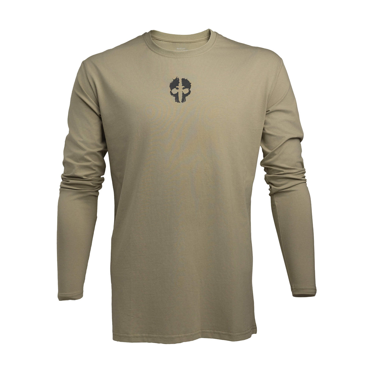 front view of od green tekto® long sleeve shirt with black skull logo on the chest.