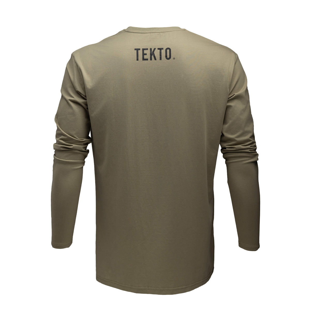 back view of od green tekto® long sleeve shirt featuring bold tekto® branding below the collar.