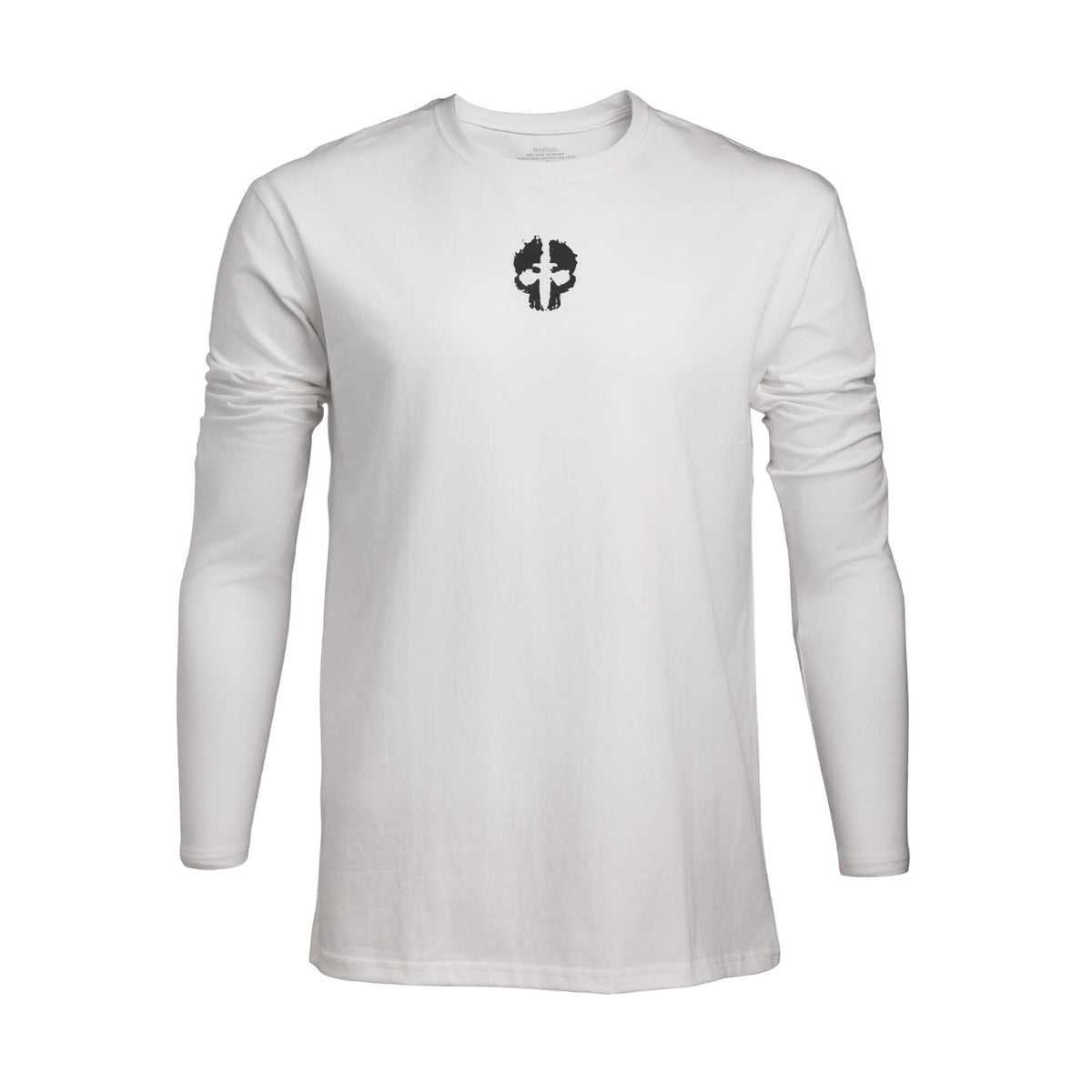 front view of white tekto® long sleeve shirt with black skull logo on the chest.
