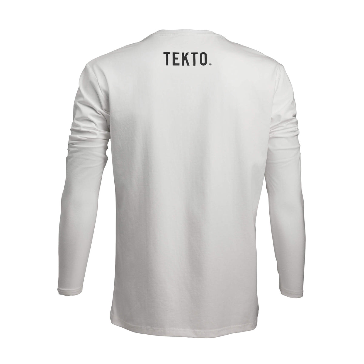 back view of white tekto® long sleeve shirt featuring bold tekto® branding below the collar.
