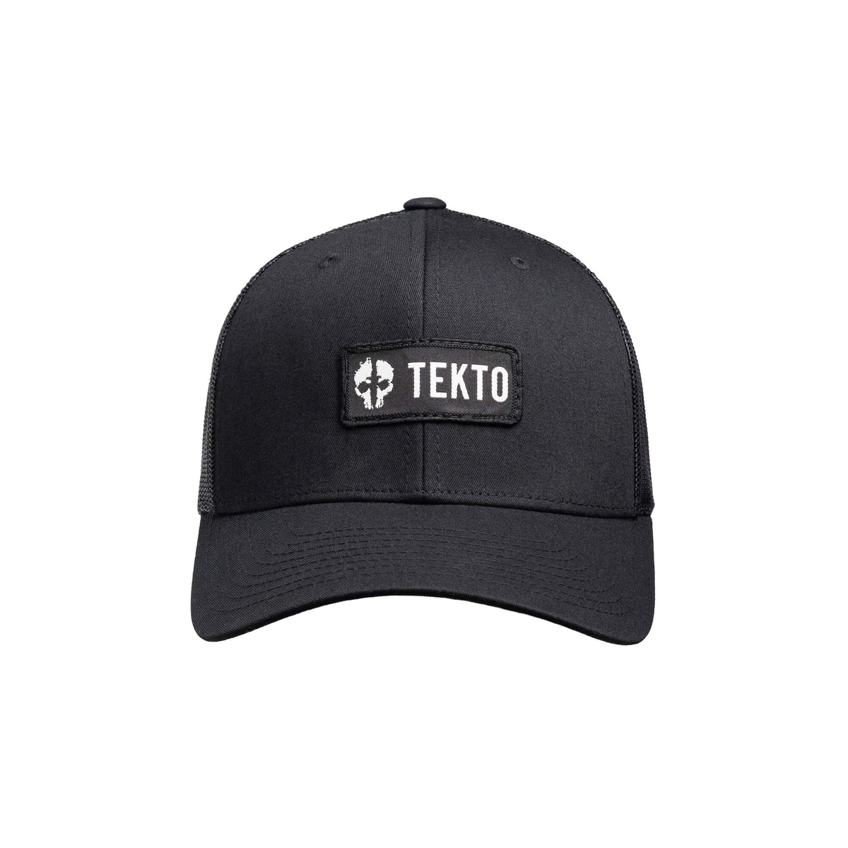 tekto black snapback with embroidered tekto patch front view