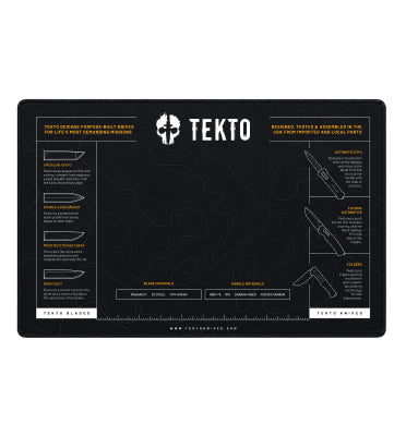 Tekto knife design and assembly information on a black mat with white text